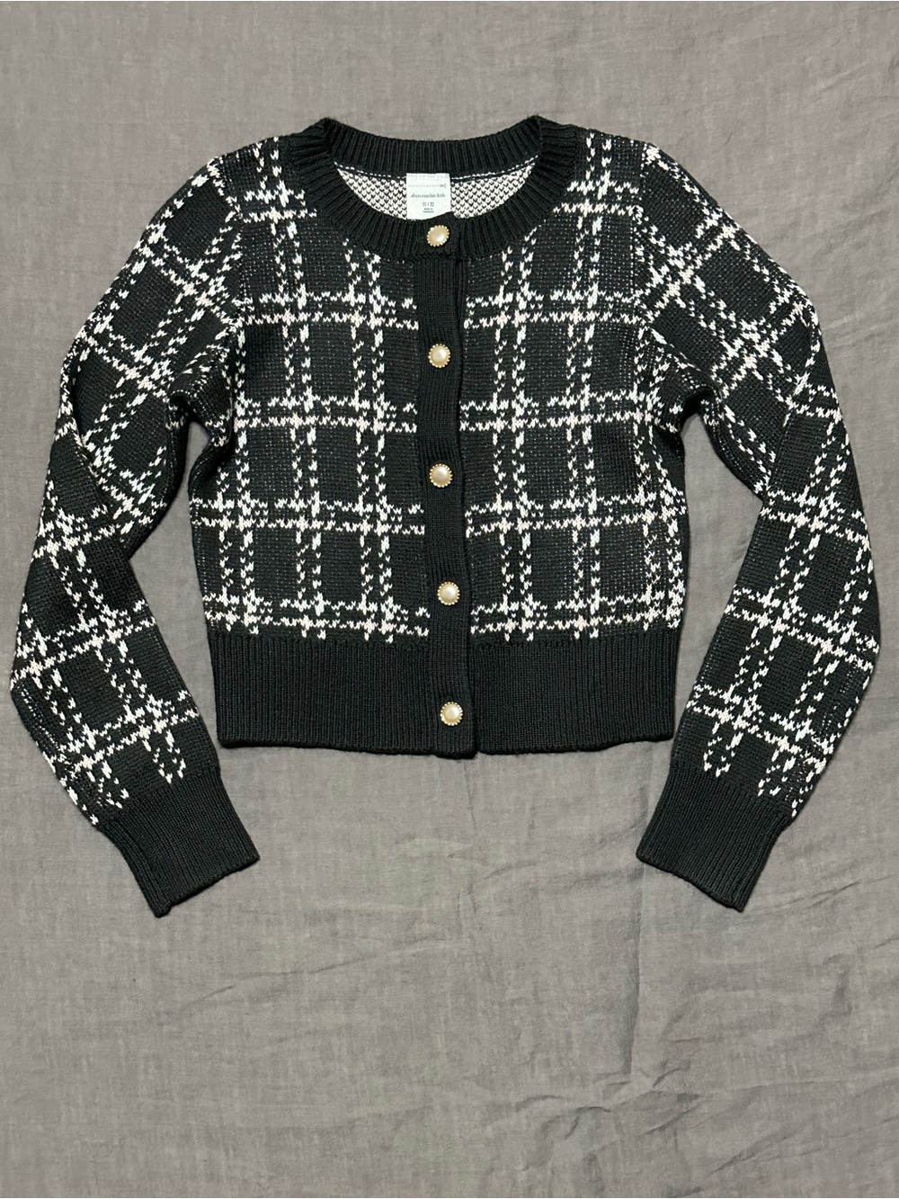 abercrombie kids Black and White Plaid Cropped Cardigan with Gold Buttons